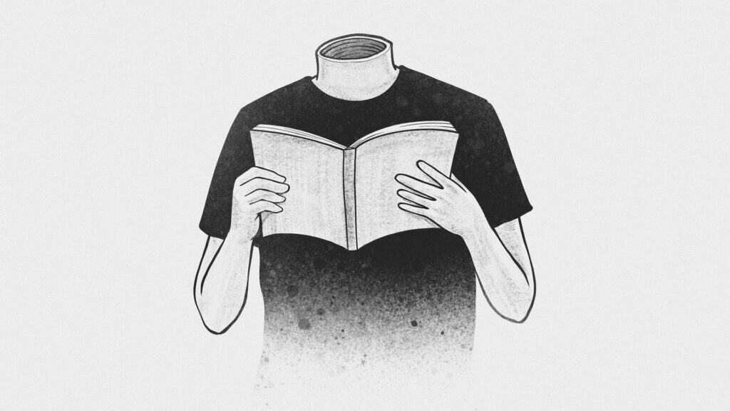 Piirretty kuva henkilöstä, joka lukee kirjaa. Pään kohdalla ei ole päätä vaan pelkkää tyhjyyttä. Ei makaaberi.